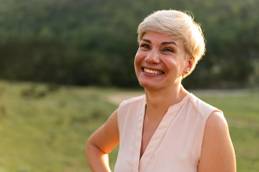 Mulher sorrindo no parque para tentar viver sua vida