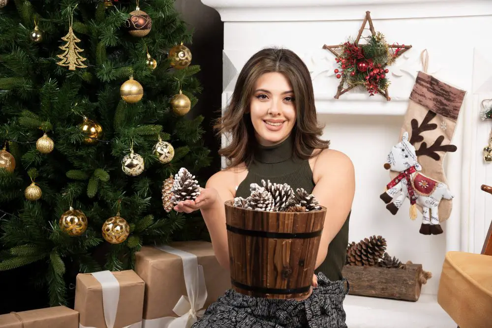 Mulher segurando um balde com pinhas para fazer decoraçao de natal